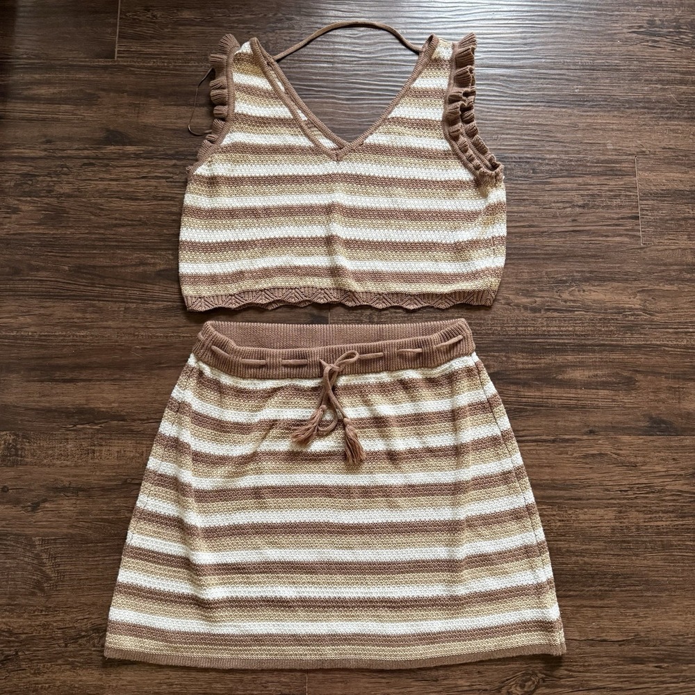Madden NYC 3XL 2 Piece Set Striped Knit Ruffle Crop Top Mini Skirt  Boho